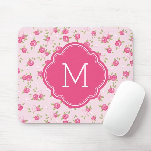 Pink Chic Vintage Floral Print Monogram Mouse Pad