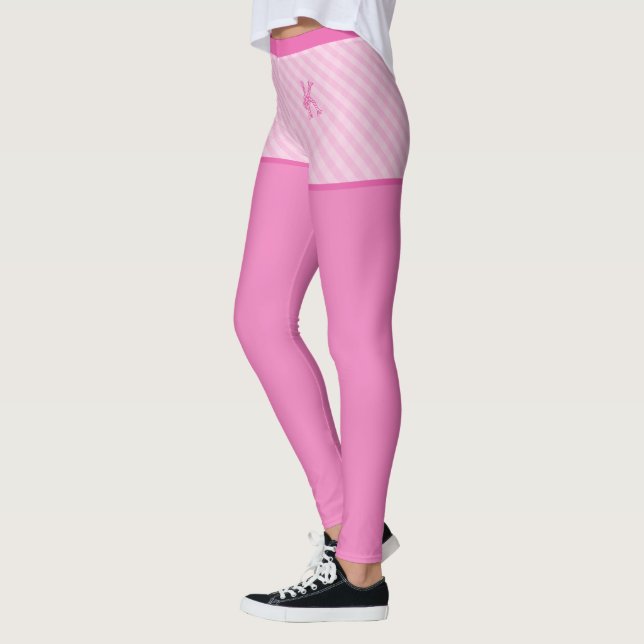 Pink Chic Vintage Gingham Pattern Custom Monogram Leggings (Left)