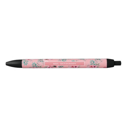Pink  Chic Watercolour Floral Personalised  Black Ink Pen
