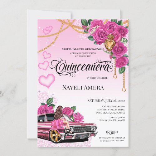 Pink Chicana Lowrider Chola Quinceanera Invitation