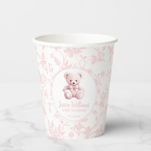 Pink chick teddy bear baby girl shower paper cups