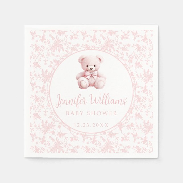 Pink chick teddy bear baby girl shower paper napkins (Front)