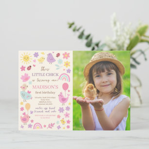 Pink Chicken 1st Birthday Party Photo Invitation