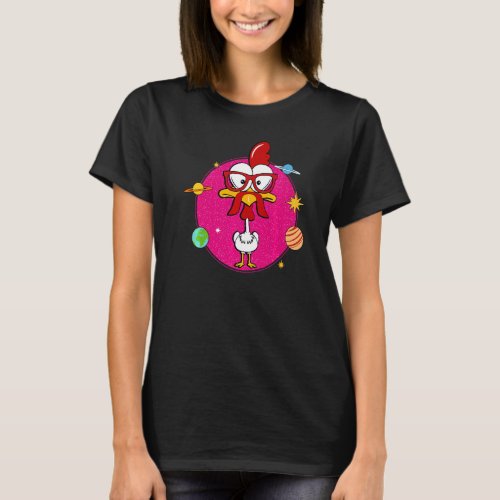 Pink Chicken With Mustache And Sunglasses In Space T_Shirt