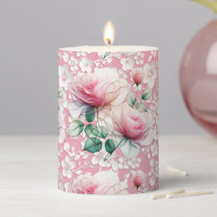 Pink Chiffon Roses Pillar Candle