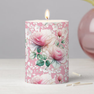 Pink Chiffon Roses Pillar Candle