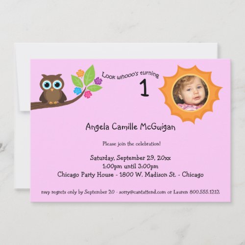 Pink Children's Birthday Party Owl Photo Invite