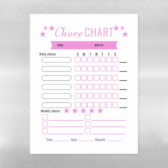 Pink Child's Magnetic Chore Chart Dry Erase Sheet (Vertical)