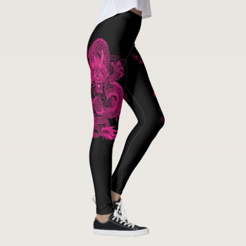 Pink Chinese Emperor Dragon On Black Leggings