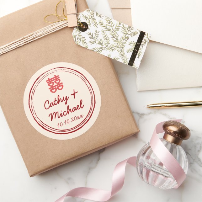 Pink Chinese wedding double happiness stamp logo Classic Round Sticker (Gifting)