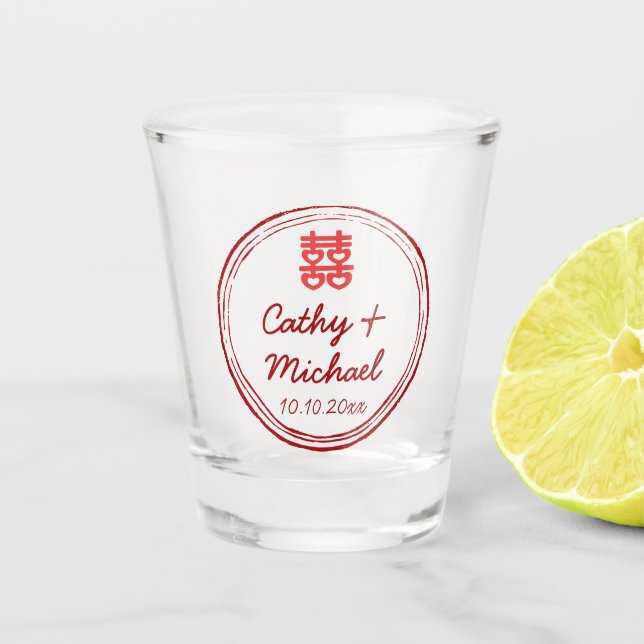 Pink Chinese wedding double happiness stamp logo Shot Glass (Front)