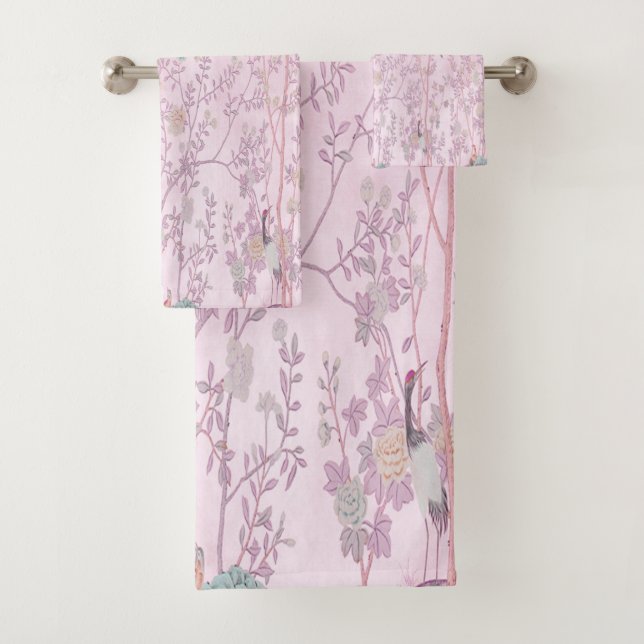 Pink Chinoiserie 3 Piece Luxury Bath Towel Set (Insitu)