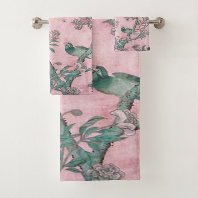 Pink Chinoiserie 3 Piece Luxury Bath Towel Set (Insitu)