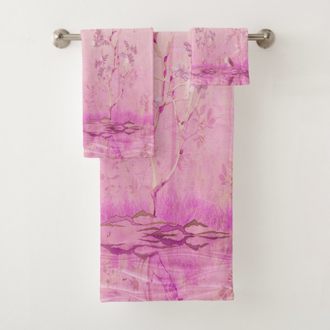 Pink Chinoiserie 3 Piece Luxury Bath Towel Set (Insitu)