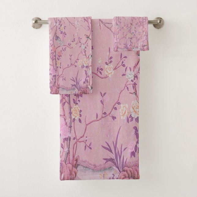 Pink Chinoiserie 3 Piece Luxury Bath Towel Set (Insitu)