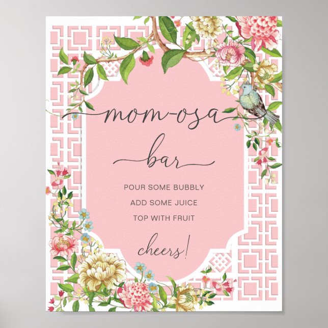 Pink Chinoiserie Baby Shower Mom-osa Bar Sign (Front)