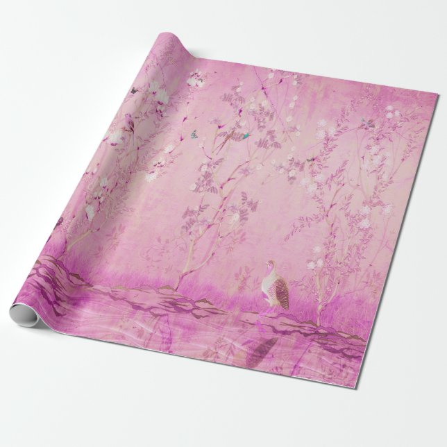Pink Chinoiserie Bird Decopupage Wrapping Paper (Unrolled)