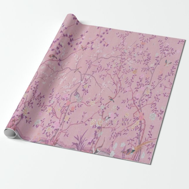 Pink Chinoiserie Bird Decoupage  Wrapping Paper (Unrolled)