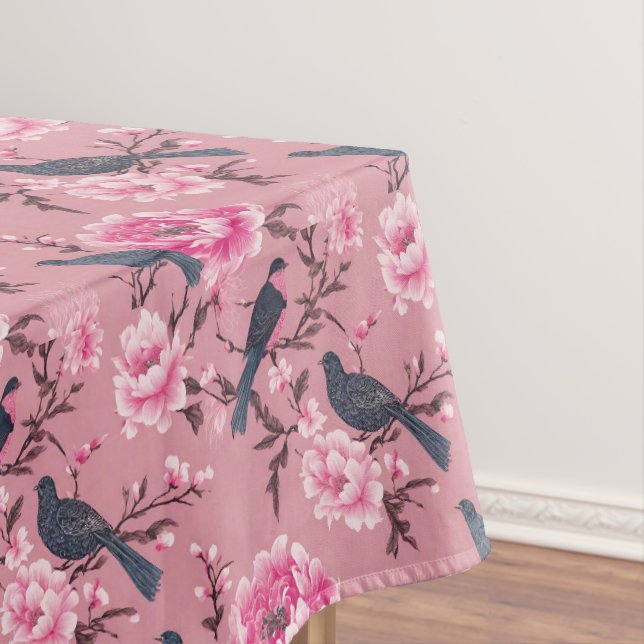 Pink Chinoiserie bird floral cotton dining  Tablecloth (In Situ)