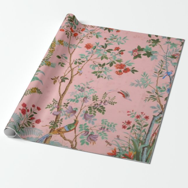 Pink Chinoiserie Bird Floral Decoupage Gift Wrapping Paper (Unrolled)
