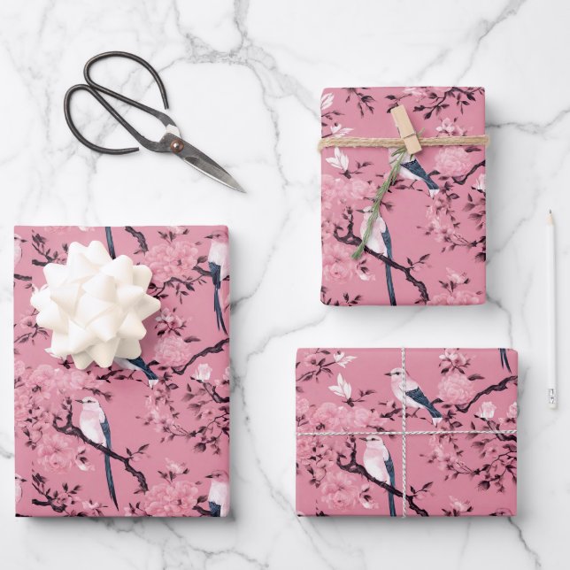 Pink Chinoiserie bird floral decoupage Wrapping Paper Sheets (Front)