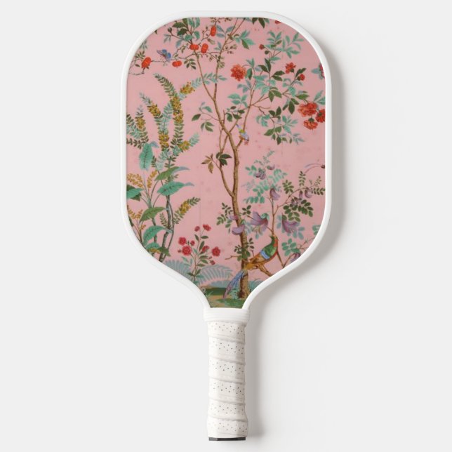Pink Chinoiserie Bird Floral Elegant Carbon Fiber Pickleball Paddle (Front)