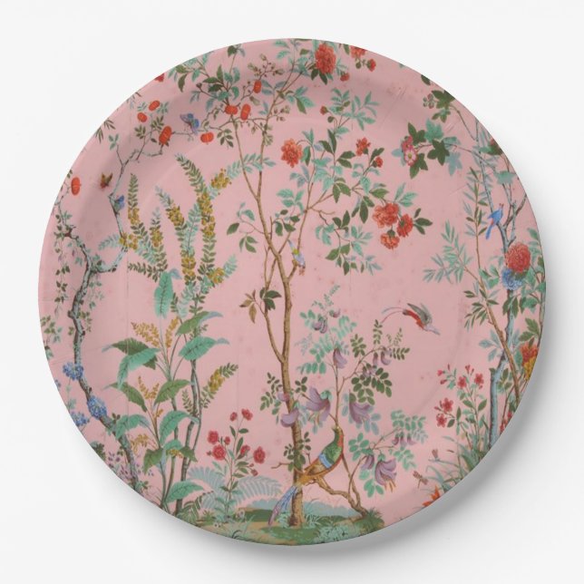 Pink Chinoiserie Bird Floral Elegant  Paper Plates (Front)