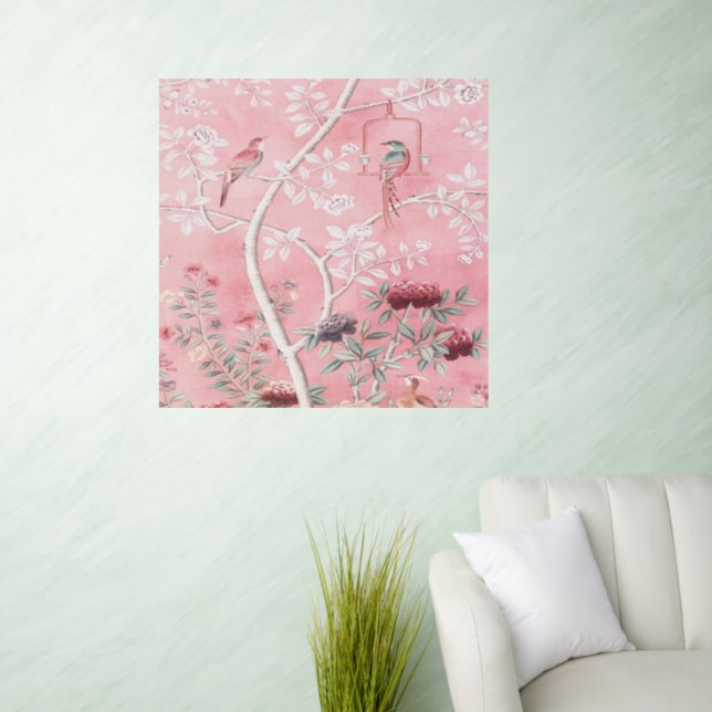 Pink Chinoiserie Bird Floral Elegant Wall Decal (Living Room)