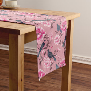 Pink Chinoiserie bird floral  Long Table Runner