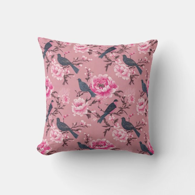 Pink Chinoiserie bird floral  Throw Pillow (Front)