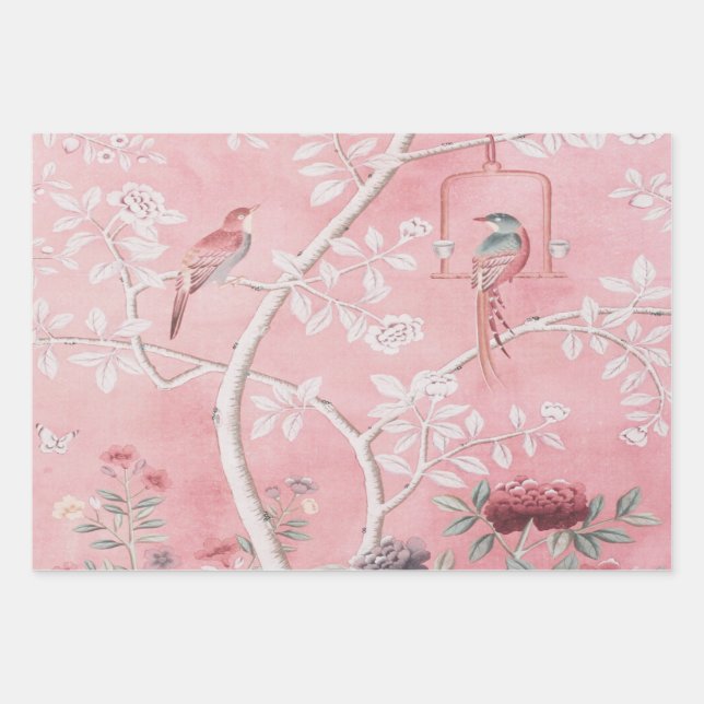 Pink Chinoiserie Bird Wrapping Paper Sheets  (Front)