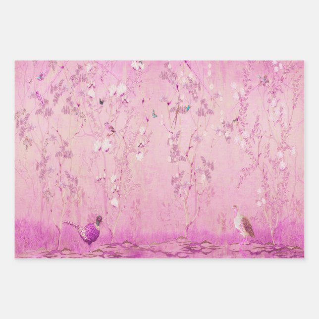 Pink Chinoiserie Bird Wrapping Paper Sheets  (Front)