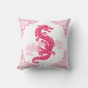 Pink Chinoiserie Dragon and Clouds Throw Pillow