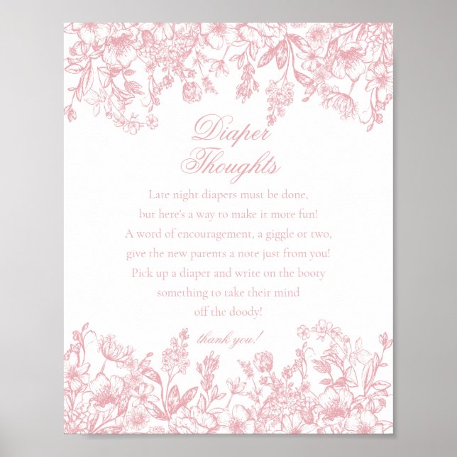 Pink Chinoiserie Flora Diaper Thoughts Baby Shower Poster (Front)