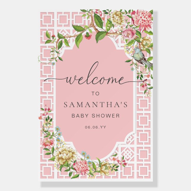 Pink Chinoiserie Floral Baby Shower Welcome Foam Board (Front)