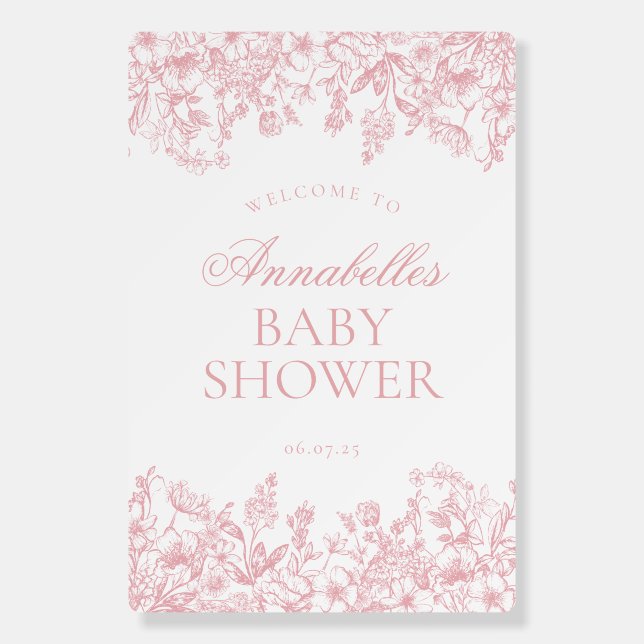 Pink Chinoiserie Floral Baby Shower Welcome Sign (Front)