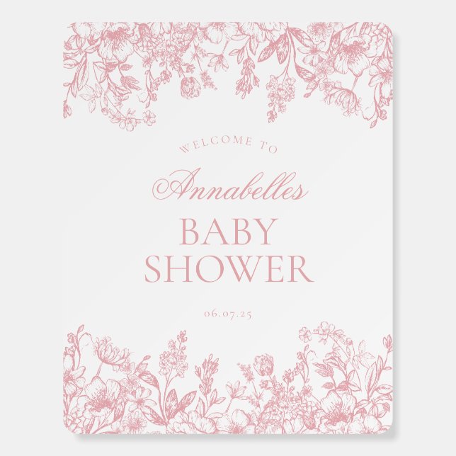 Pink Chinoiserie Floral Baby Shower Welcome Sign (Front)