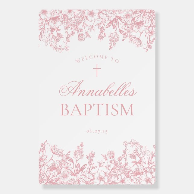 Pink Chinoiserie Floral Baptism Welcome Sign (Front)
