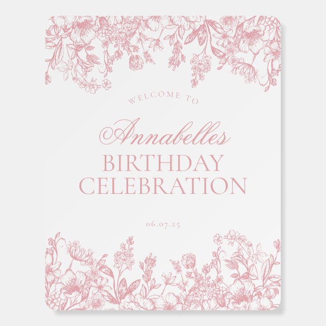 Pink Chinoiserie Floral Birthday Welcome Sign (Front)