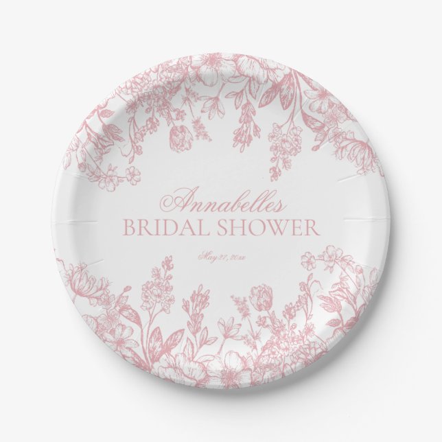 Pink Chinoiserie Floral Bridal Shower Dessert Paper Plates (Front)