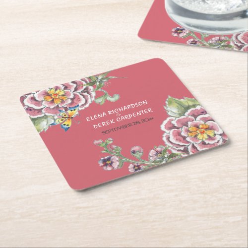 Pink Chinoiserie Floral Custom Wedding  Square Paper Coaster