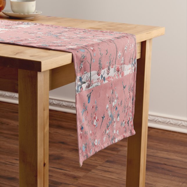 Pink Chinoiserie Floral Modern Dining Short Table Runner (In Situ)