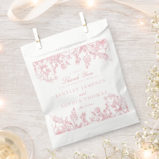 Pink Chinoiserie Floral Wedding Dessert Favor Bag (Clipped)