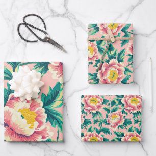 Pink Chinoiserie Floral Wrapping Paper Sheets