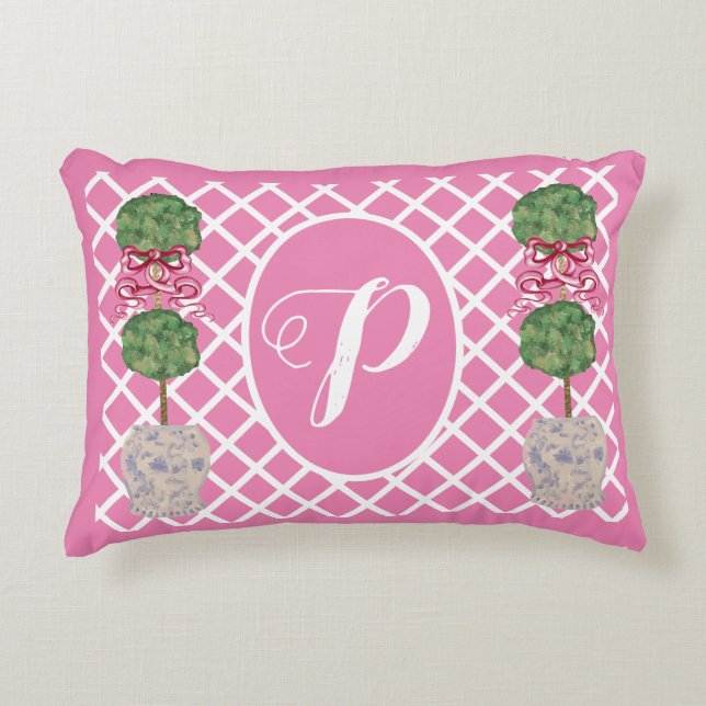 Pink Chinoiserie Ginger Jar Jars Topiary Basket Accent Pillow (Front)