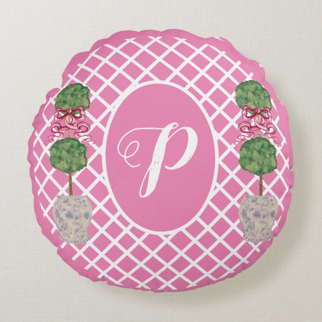 Pink Chinoiserie Ginger Jar Jars Topiary Basket Round Pillow (Front)