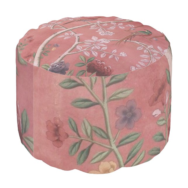 Pink Chinoiserie Indoor/Outdoor Round Pouf (Angled Back)