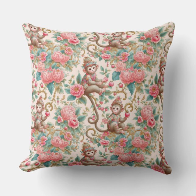 Pink Chinoiserie Monkey Throw Pillow (Front)