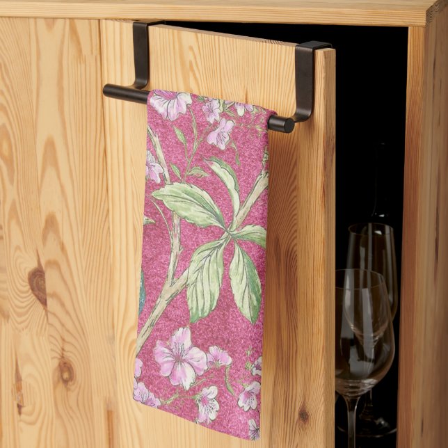 Pink Chinoiserie peacock floral  Kitchen Towel (Thirds Fold)