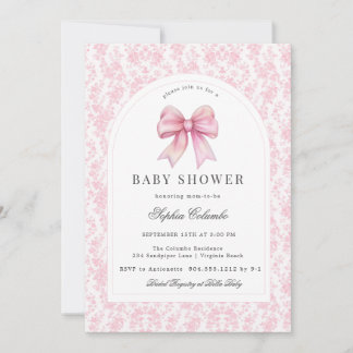 Pink Chinoiserie Toile Coquette Bow Baby Shower Invitation